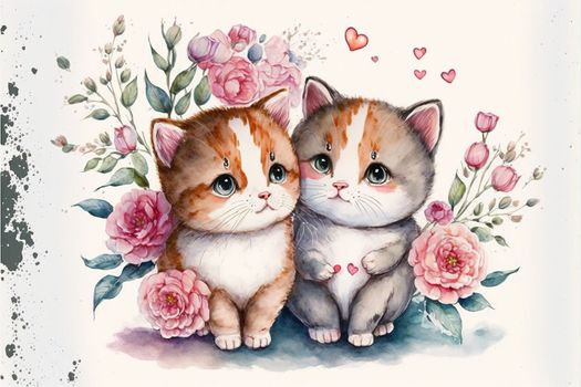 Cute little kitten in love on romantic Valentine's day hand drawn cartoon style. Generative AI Generative AI