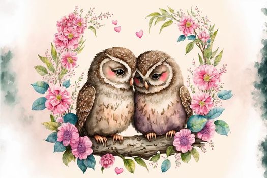 Cute little owl in love on romantic Valentine's day hand drawn cartoon style. Generative AI Generative AI