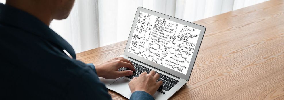 Mathematic equations and modish formula on computer screen showing concept of science and education