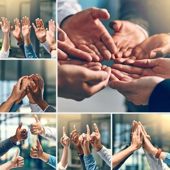 Teams are built by teamwork. Composite shot of a group of unrecognizable people putting up their hands and using different types of gestures inside of a office