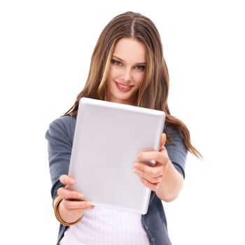 Woman with tablet, smile in portrait with technology, internet and communication mockup on white background. Tech, web and young female with wireless digital device and marketing, wifi and network.