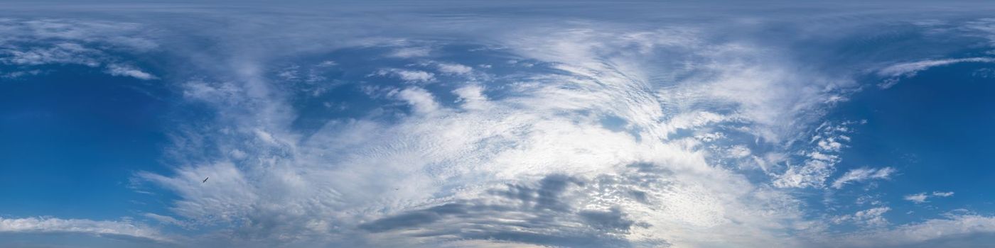 Dark blue sunset sky panorama with pink Cumulus clouds. Seamless hdr 360 pano in spherical equirectangular format. Full zenith for 3D visualization, game, sky replacement for aerial drone panoramas