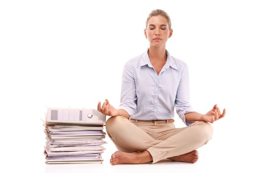 Yoga, documents and business woman meditation for work stress relief, mental health peace or chakra energy healing. Paperwork pile, relax zen mindset and mindfulness girl meditate on white background.