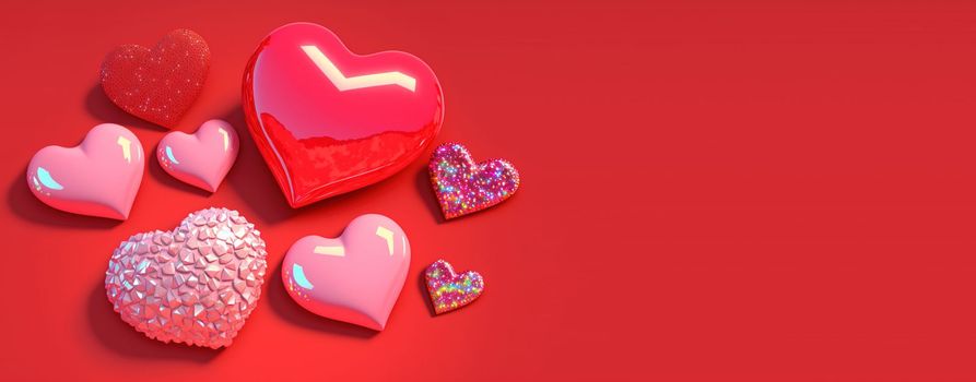 Gleaming 3D Heart, Diamond, and Crystal Illustration for Valentine's Day Banner