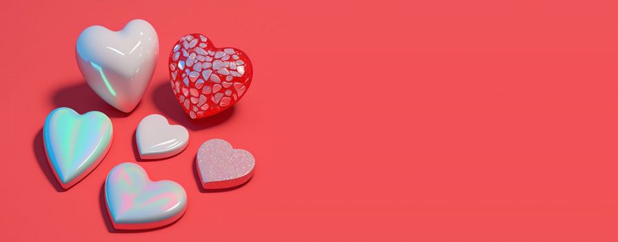 Glittering 3D Heart, Diamond, and Crystal Illustration for Valentine's Day Design Background and Banner