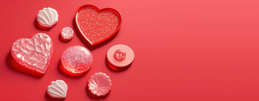 Valentine's Day 3D Illustration Design Heart Diamond and Crystal Themed Banner and Background