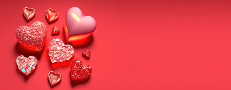 Twinkling 3D Heart Shape, Diamond, and Crystal Illustration for Valentine's Day Banner