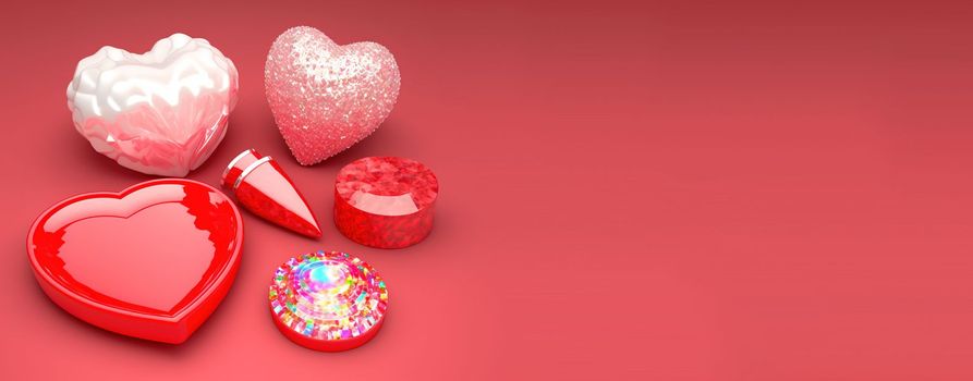 Valentine's Day 3D Illustration Design Heart Diamond and Crystal Themed Banner and Background