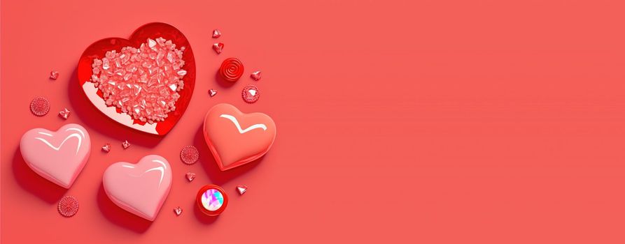 Twinkling 3D Heart Shape, Diamond, and Crystal Illustration for Valentine's Day Banner