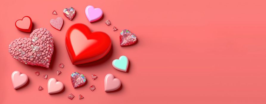 Glistening 3D Heart, Diamond, and Crystal Illustration for Valentine's Day Theme