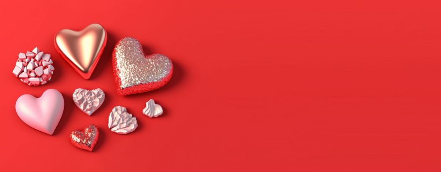Valentine's Day Banner Background. Sparkling 3D Heart Shape with Diamond and Crystal Illustration