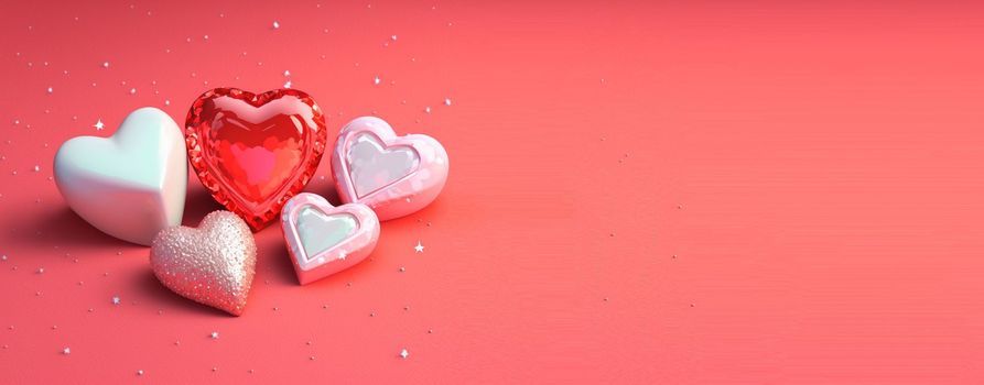 Gorgeous 3D Heart Shape, Diamond, and Crystal Illustration for Valentine's Day Banner