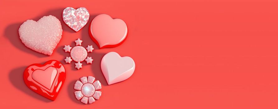 Valentine's Day Banner Background. Sparkling 3D Heart Shape with Diamond and Crystal Illustration