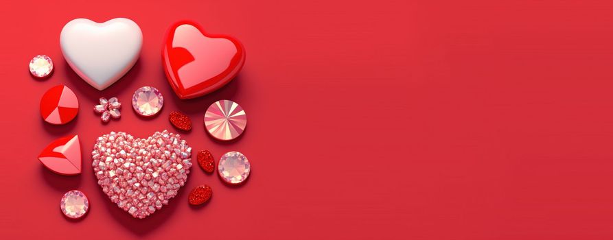 Valentine's Day Banner Background. Sparkling 3D Heart Shape with Diamond and Crystal Illustration