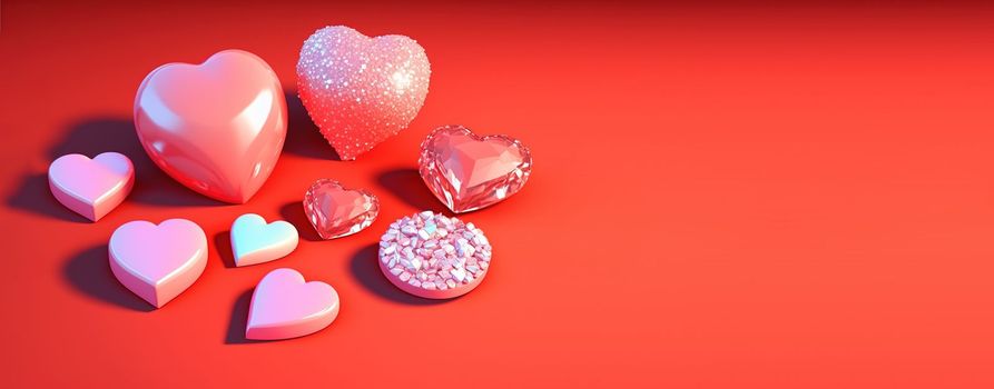 Luxurious 3D Heart, Diamond, and Crystal Illustration for Valentine's Day Background and Banner