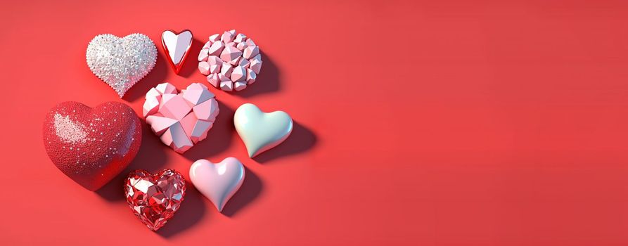 Luxurious 3D Heart, Diamond, and Crystal Illustration for Valentine's Day Background and Banner