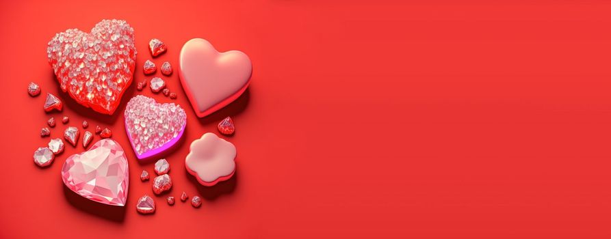 Gleaming 3D Heart, Diamond, and Crystal Illustration for Valentine's Day Banner and Background