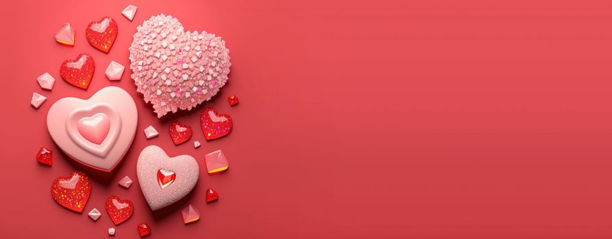 Luxurious 3D Heart, Diamond, and Crystal Illustration for Valentine's Day Background and Banner