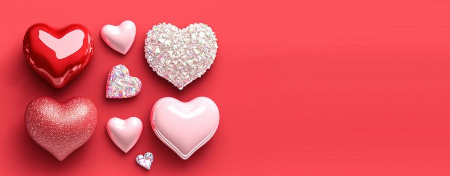 Luxurious 3D Heart, Diamond, and Crystal Illustration for Valentine's Day Background and Banner