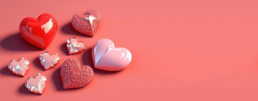 Luxurious 3D Heart, Diamond, and Crystal Illustration for Valentine's Day Background and Banner