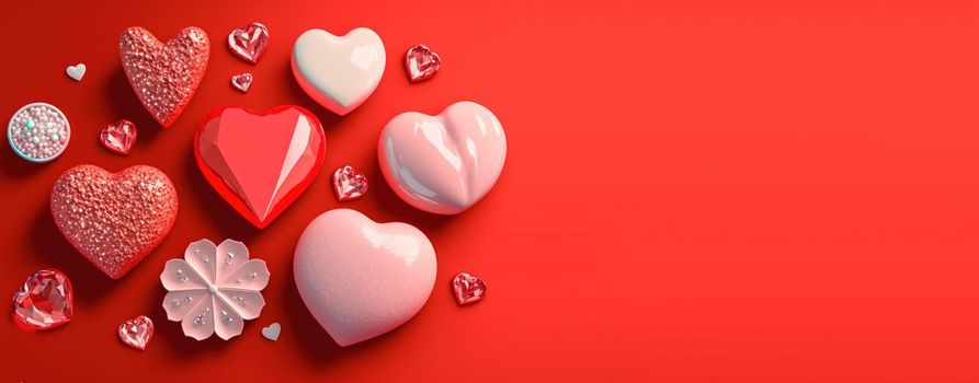 Gleaming 3D Heart, Diamond, and Crystal Illustration for Valentine's Day Banner and Background