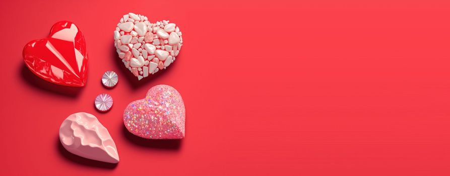 Gleaming 3D Heart, Diamond, and Crystal Illustration for Valentine's Day Banner and Background