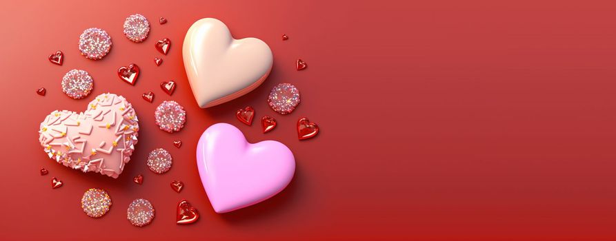 Gleaming 3D Heart, Diamond, and Crystal Illustration for Valentine's Day Banner and Background