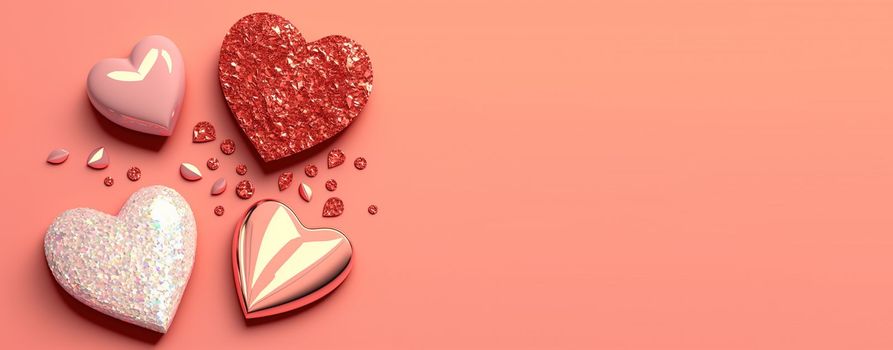 Valentine's Day 3D Illustration of Heart Crystal Diamond for Valentine's Day Promotion Banner and Background