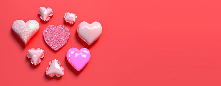 Gleaming 3D Heart, Diamond, and Crystal Illustration for Valentine's Day Banner and Background