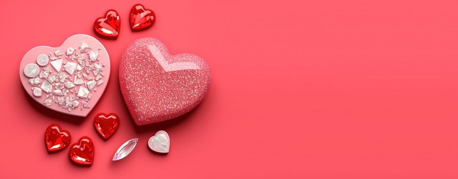 Valentine's Day 3D Heart Illustration and Crystal Diamond Banner and Background