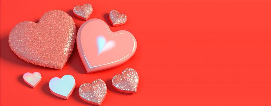 Valentine's Day 3D Heart Illustration and Crystal Diamond Banner and Background