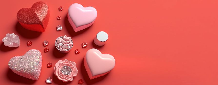 Sparkling 3D illustration of heart, diamond and flower shape for banner and background