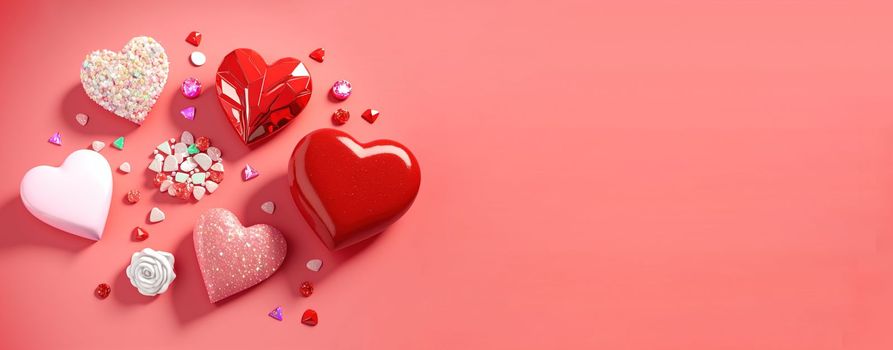 Sparkling 3D illustration of heart, diamond and flower shape for banner and background