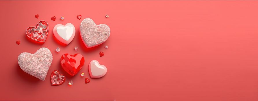Valentine's Day 3D Heart Illustration and Crystal Diamond Banner and Background