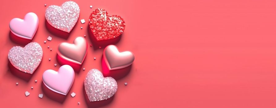 Valentine's Day 3D Heart Illustration and Crystal Diamond Banner and Background