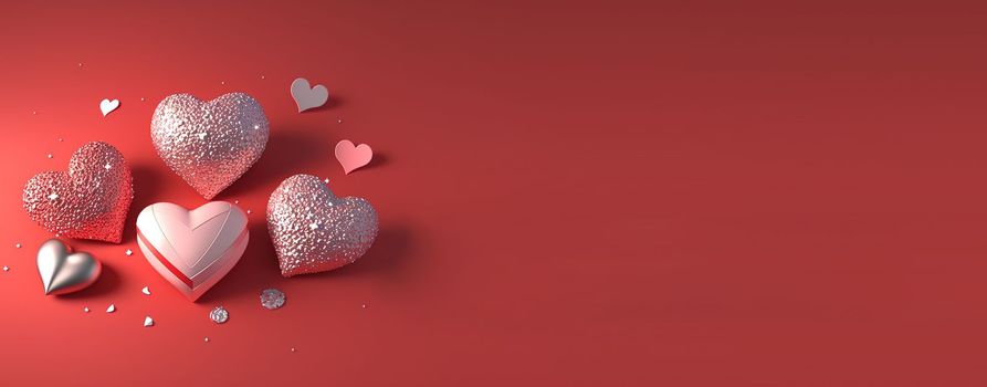 Valentine's Day 3D Heart Illustration and Crystal Diamond Banner and Background