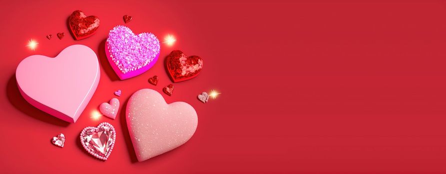 Valentine's Day Heart Objects and Crystal Diamonds Background