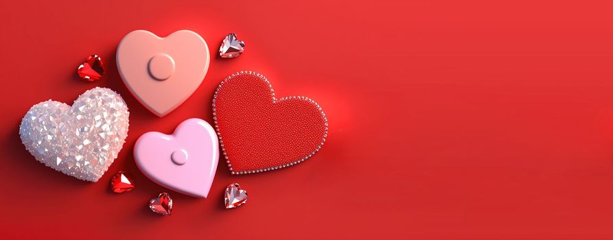 Valentine's Day Heart Objects and Crystal Diamonds Background