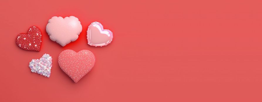 Valentine's Day Crystal Diamond and 3D Heart Illustration Banner