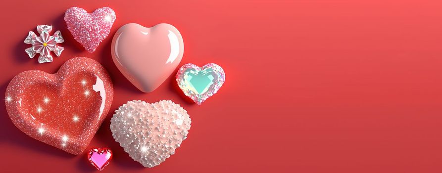 Valentine's Day Crystal Diamond and 3D Heart Illustration Banner