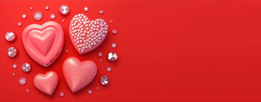 Valentine's Day Crystal Diamond and 3D Heart Illustration Banner