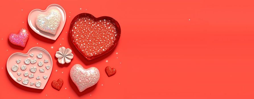 Sparkling 3D illustration of heart, diamond and flower shape for banner and background