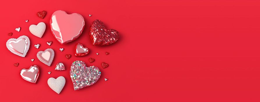 Valentine's Day Crystal Diamond and 3D Heart Illustration Banner