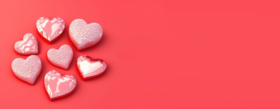 Valentine's Day Crystal Diamond and 3D Heart Illustration Banner