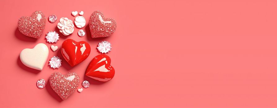 Sparkling 3D illustration of heart, diamond and flower shape for banner and background