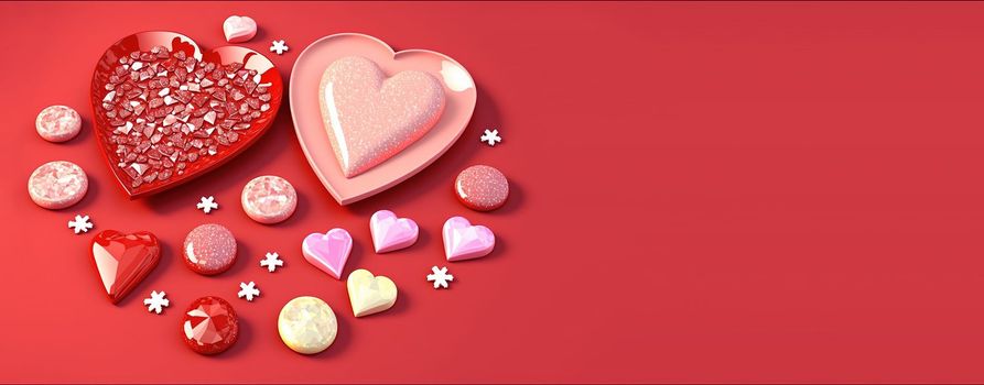 Valentine's Day 3D Heart Illustration and Diamond Crystal Theme Banner and Background