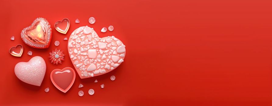 Valentine's Day 3D Heart Illustration and Diamond Crystal Theme Banner and Background