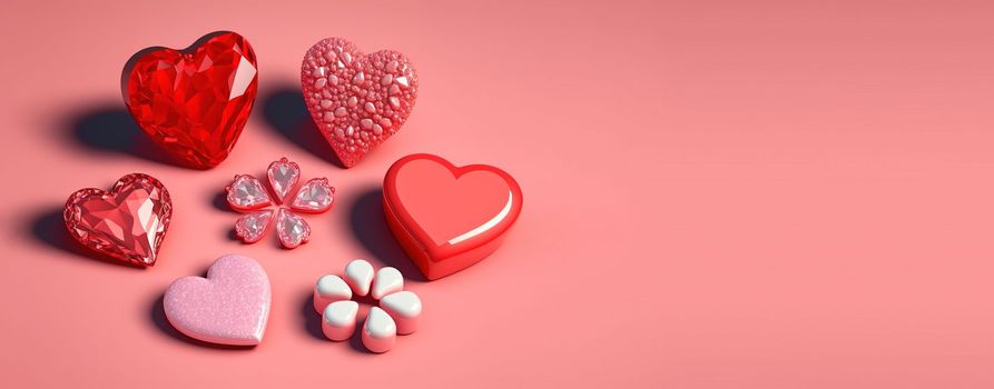 Valentine's Day 3D Heart Illustration and Diamond Crystal Theme Banner and Background