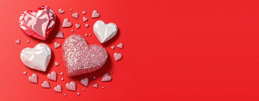 Valentine's Day 3D Heart Illustration and Diamond Crystal Theme Banner and Background