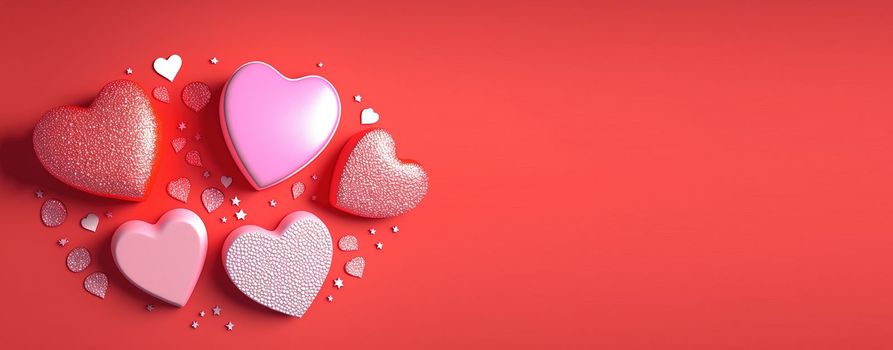 Valentine's Day 3D Heart Illustration and Diamond Crystal Theme Banner and Background